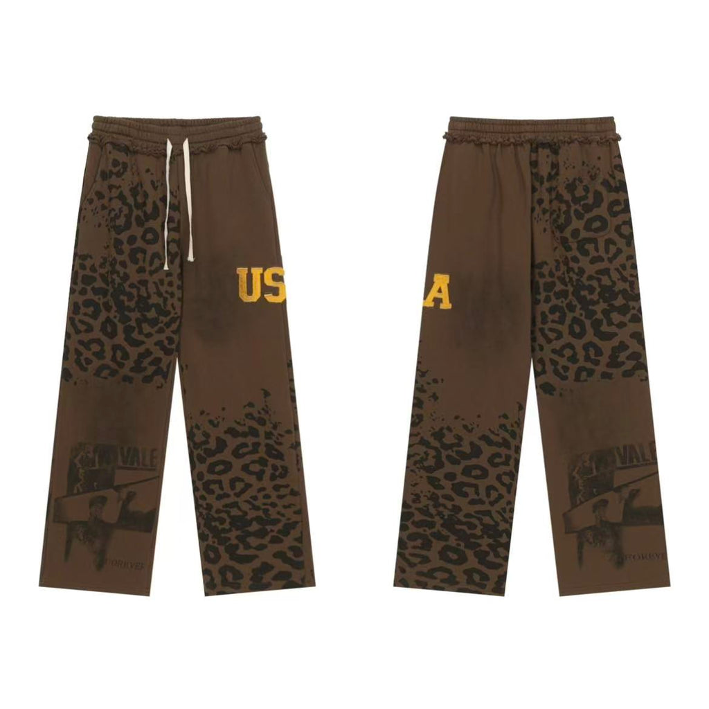 Vale Forever Vintage Leopard Print & "USA" Graphic Zip-Up Hoodie & Sweatpants Set - Brown