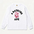 BAPE Style Collegiate Arc Logo & Camo Ape Head Long-Sleeve Tee - White/Pink