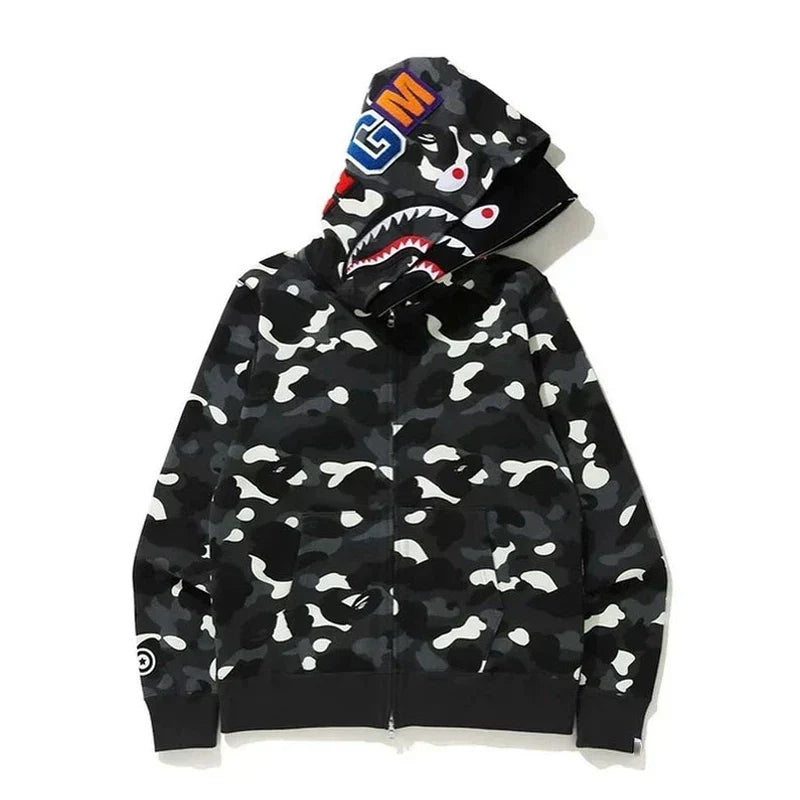 BAPE Style Camo Shark Full-Zip Hoodie - Black/Grey