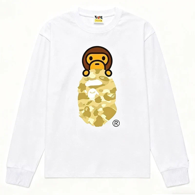 BAPE Style Baby Milo Peeking on Camo Ape Head Long-Sleeve Tee - White/Yellow