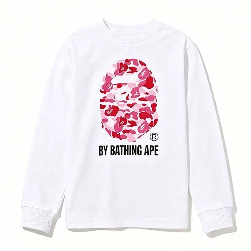 BAPE Style "BY BATHING APE" Camo Ape Head Long-Sleeve Tee - White/Pink