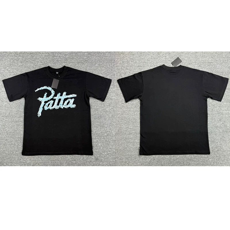 Patta Light Blue Script Logo Black Short Sleeve T-shirt Unisex