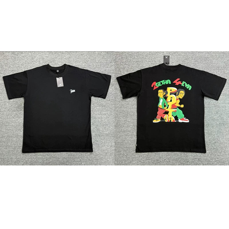 Patta Cartoon Character Graphic Black Short Sleeve T-Shirt Unisex