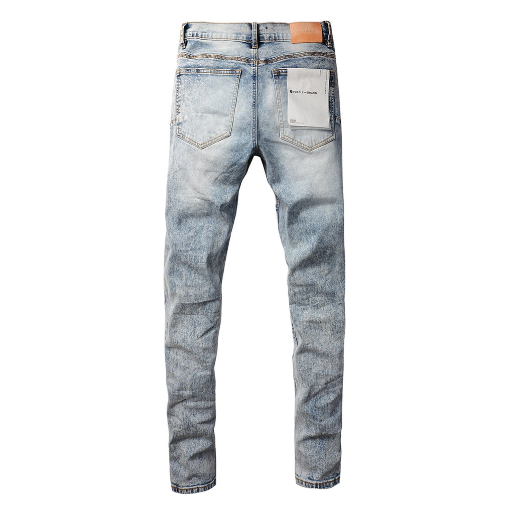 PURPLE  Men Streetwear Skinny Jeans Light Blue Wash with Lightly Faded Wash 9053