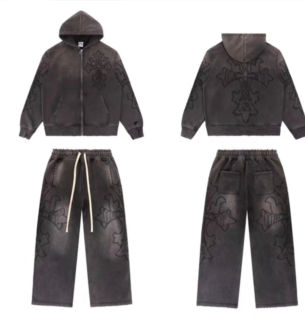 Vale Forever Vintage Gothic Cross Zip-Up Hoodie & Sweatpants Set - Charcoal / Washed Black