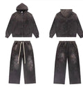 Vale Forever Vintage Gothic Cross Zip-Up Hoodie & Sweatpants Set - Charcoal / Washed Black